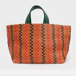Clare V. Bateau Tote Navy & Red Pinstripe Woven Leather Checker Tan Camel
